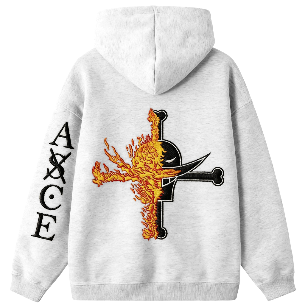 One Piece  Portgas D. Ace Embroidered Fleece Hoodie Warm Oversized Sweatshirt with Kangaroo Pocket