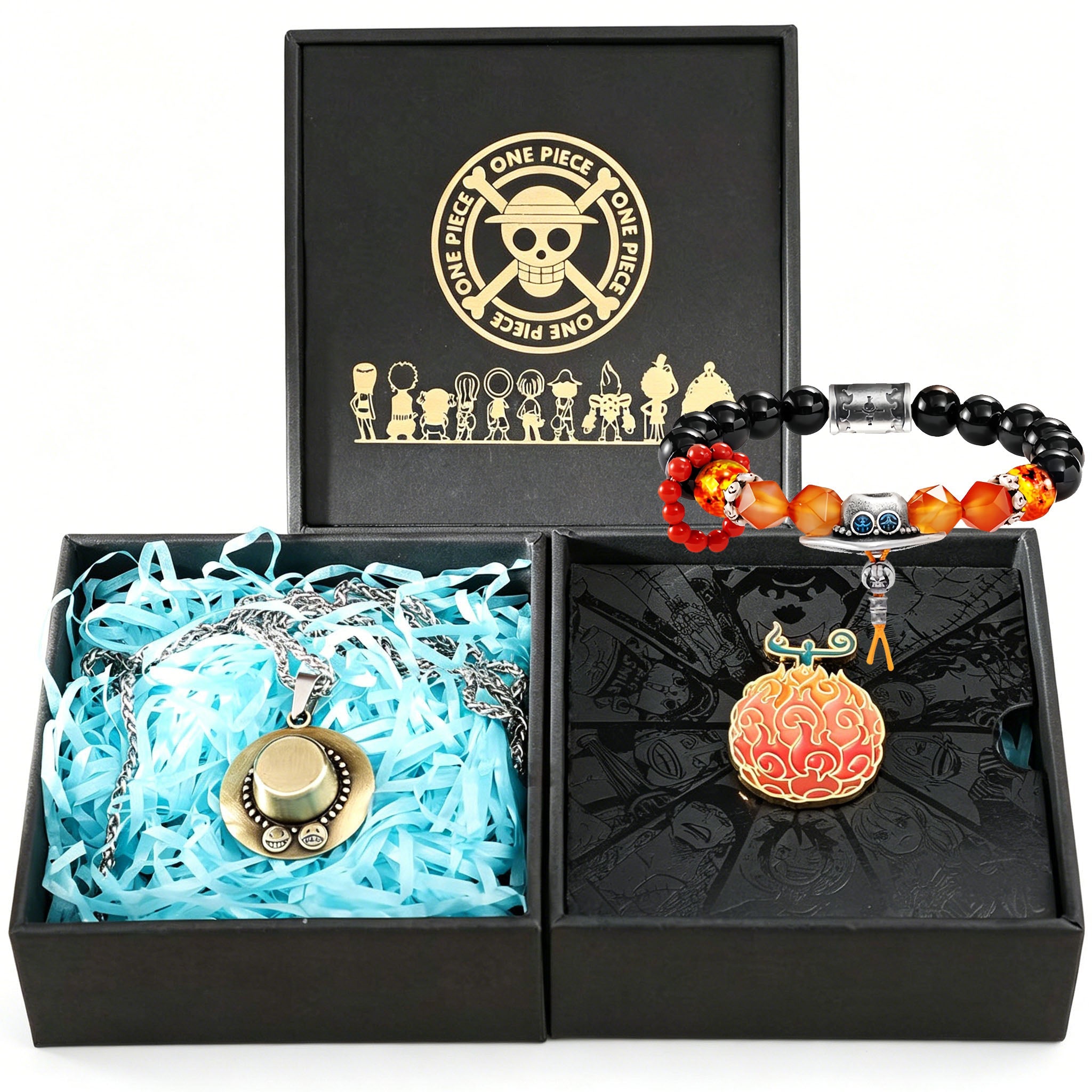Ensemble de bijoux One Piece Luffy Ace, boîte cadeau collier bracelet broche anime
