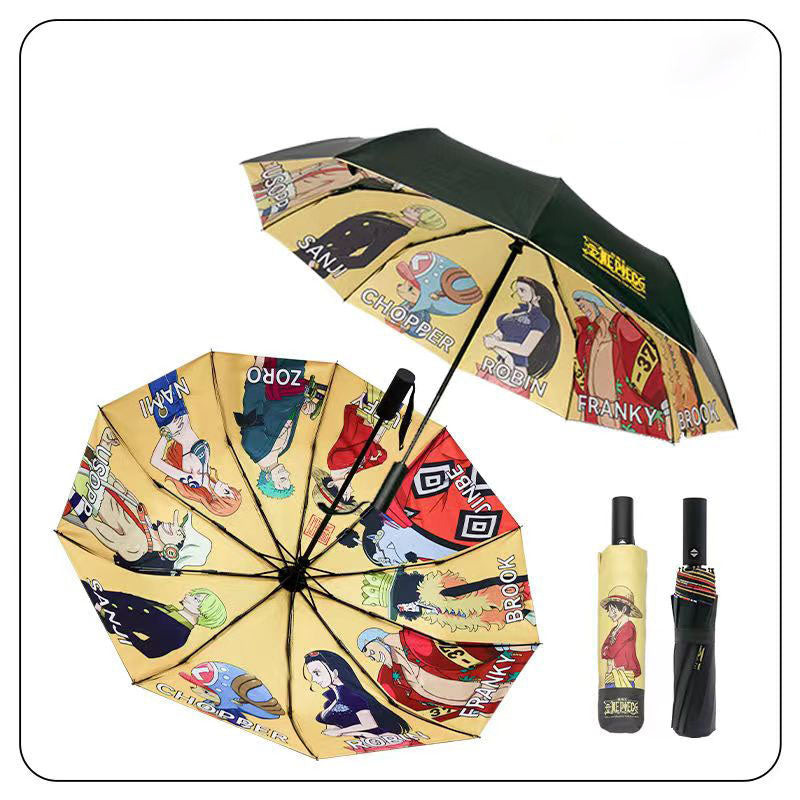 One Piece Monkey D Luffy Roronoa Zoro Automatic Folding Umbrella, Straw Hat Crew Anime Print Black Glue UV Protection Windproof Rain Sun Umbrella