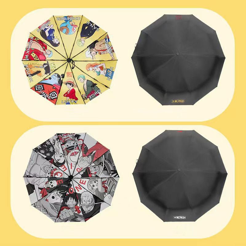 One Piece Monkey D Luffy Roronoa Zoro Automatic Folding Umbrella, Straw Hat Crew Anime Print Black Glue UV Protection Windproof Rain Sun Umbrella