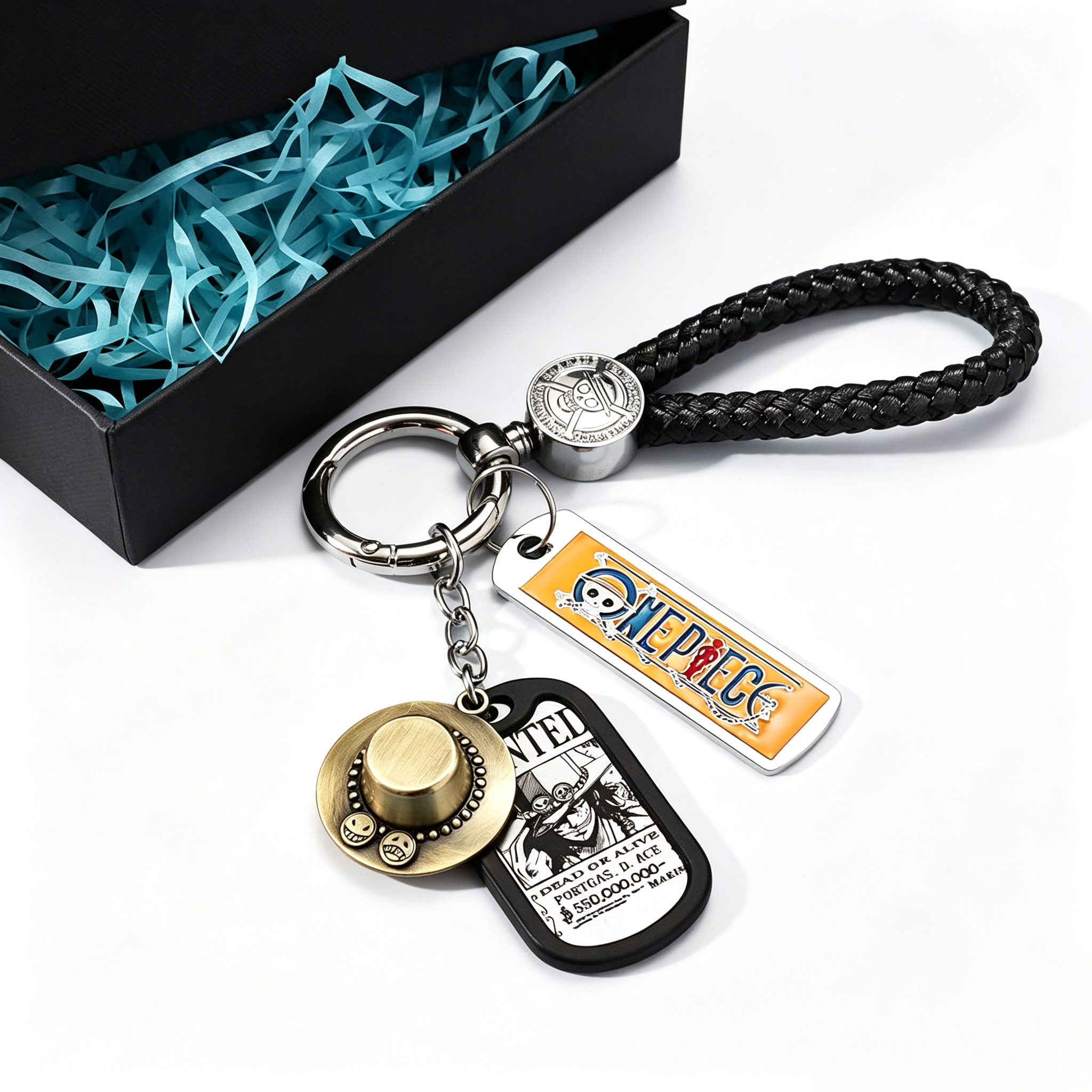 One Piece Anime Keychain Set - Braided Leather Wanted Poster Pendant Keychain