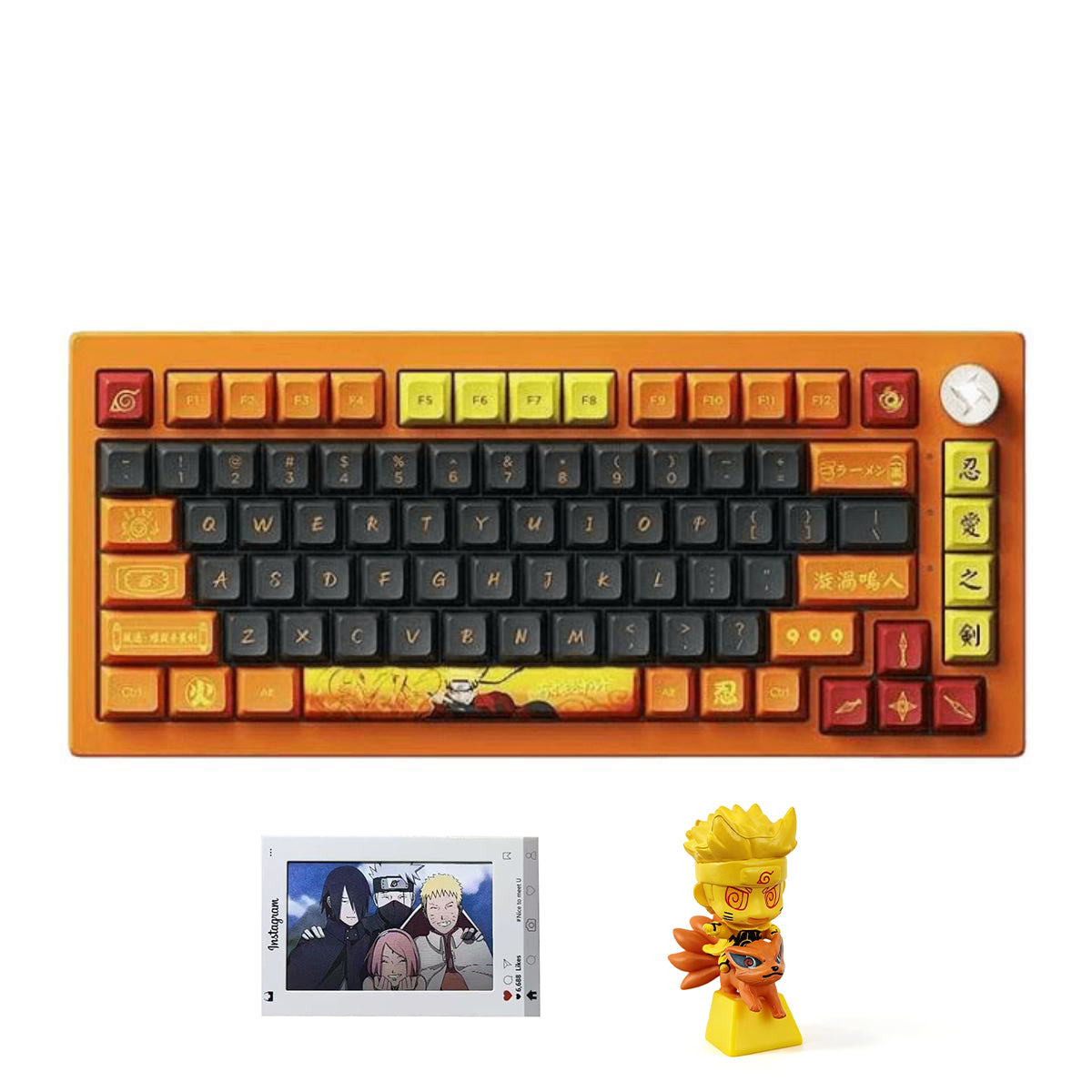 Uzumaki Naruto Themed Mechanical Keyboard, Hot-Swappable RGB Gaming Keyboard with Custom PBT Keycaps, Knob Control & Naruto Artisan Keycap