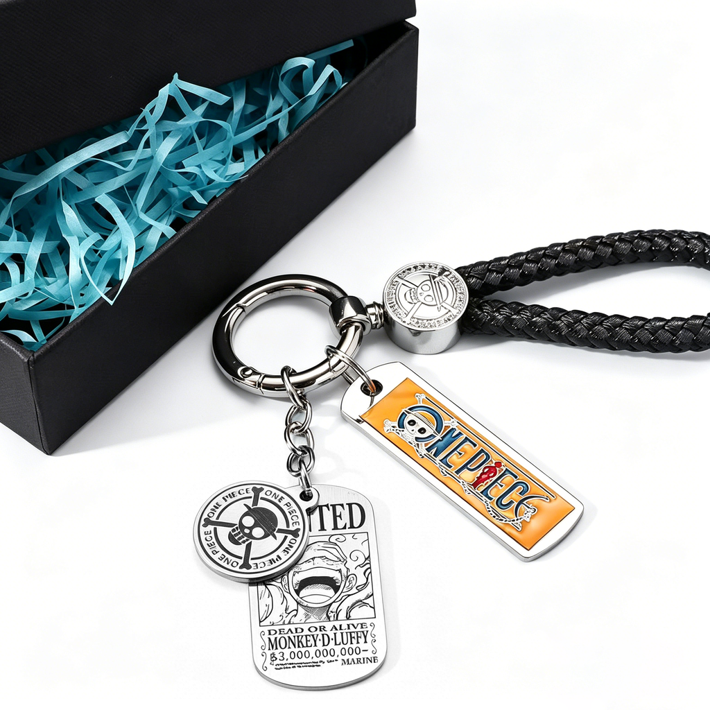 One Piece Anime Keychain Set - Braided Leather Wanted Poster Pendant Keychain