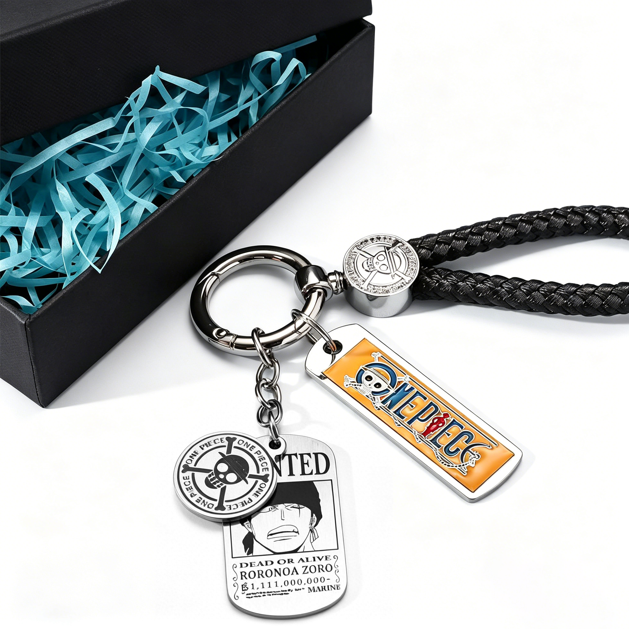 One Piece Anime Keychain Set - Braided Leather Wanted Poster Pendant Keychain