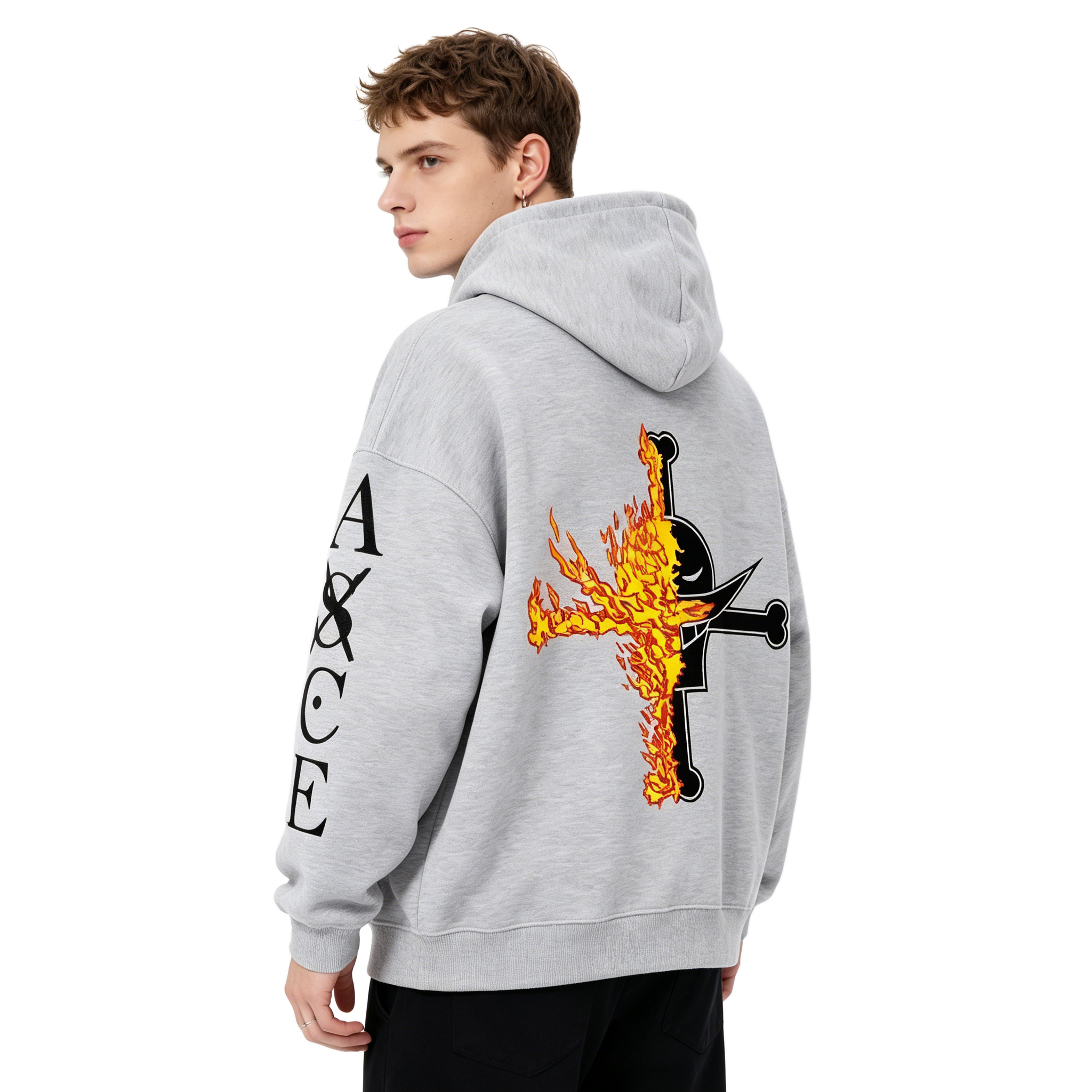 One Piece  Portgas D. Ace Embroidered Fleece Hoodie Warm Oversized Sweatshirt with Kangaroo Pocket