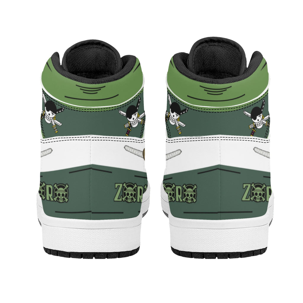 One Piece Roronoa Zoro Three Swords Style Anime Print High Top Sneakers, Straw Hat Pirates Skull Logo Casual Street Skate Shoes