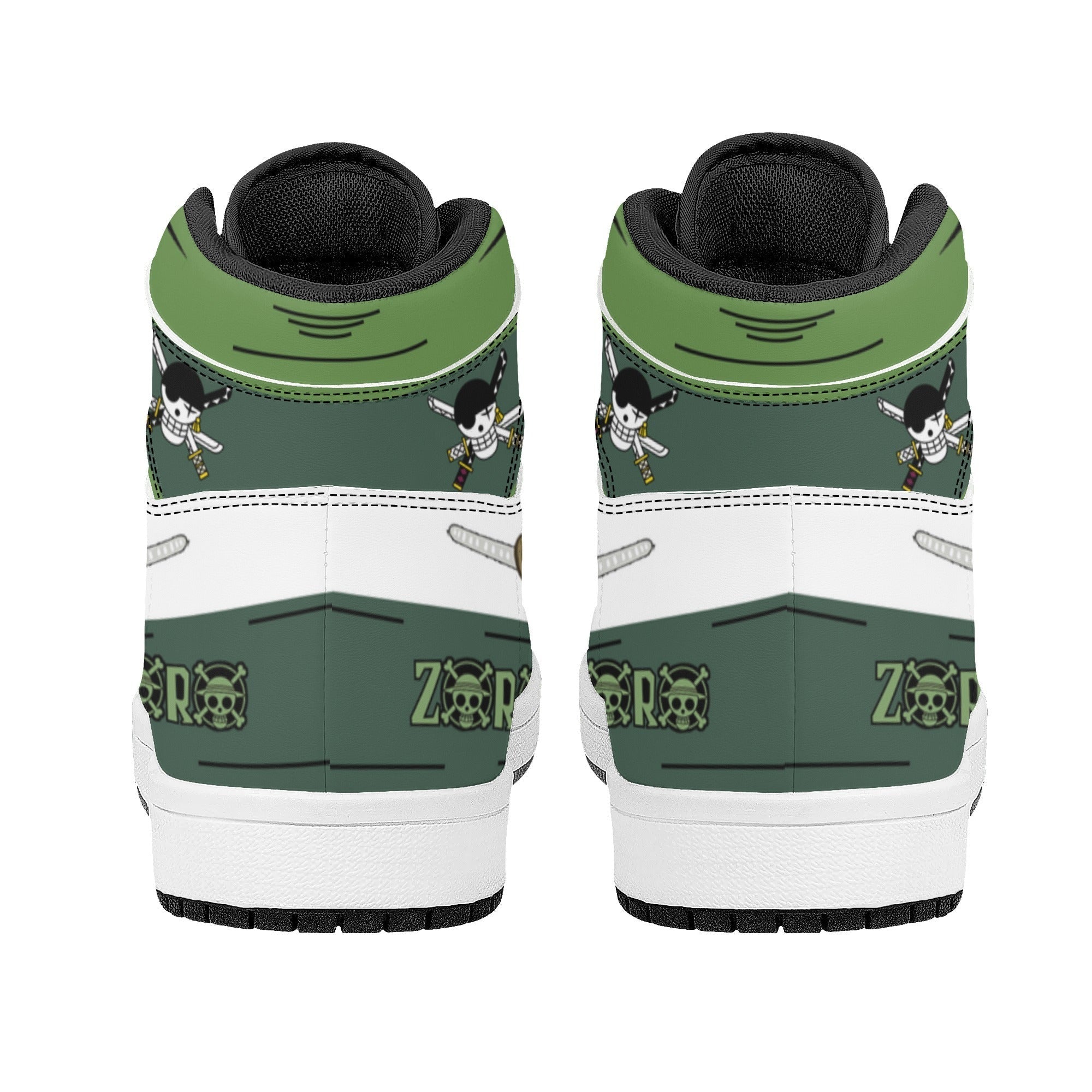 One Piece Roronoa Zoro Three Swords Style Anime Print High Top Sneakers, Straw Hat Pirates Skull Logo Casual Street Skate Shoes