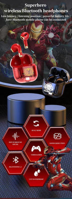 Marvel Iron Man Captain America TWS Wireless Gaming Earbuds, Transparent Case Bluetooth 5.3 Low Latency Headphones
