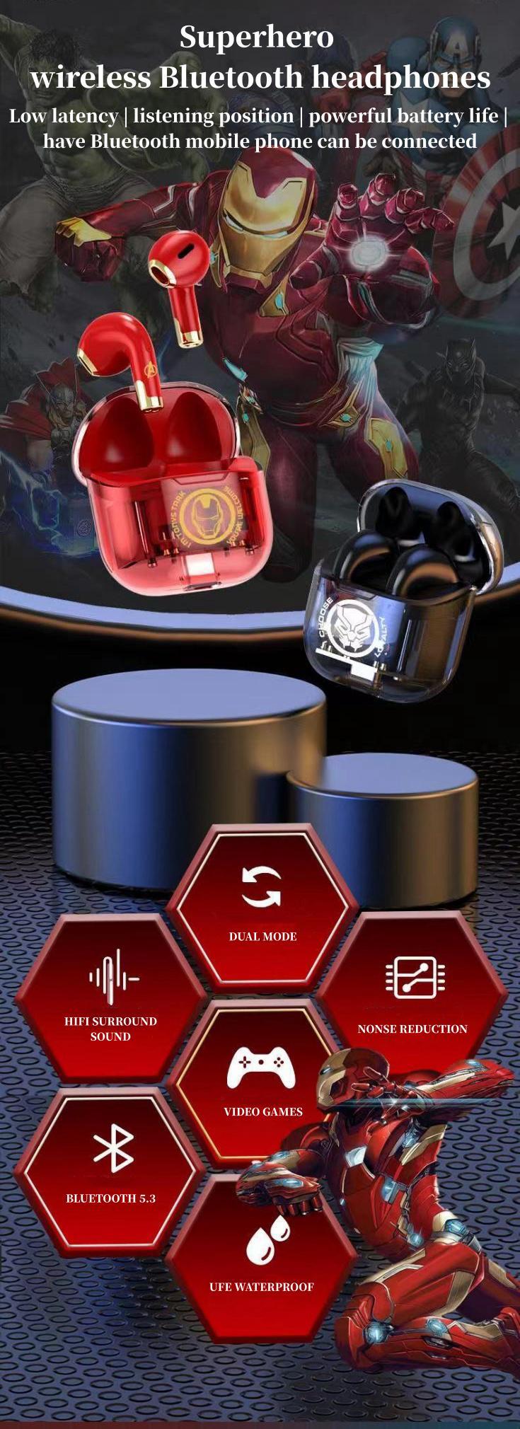 Marvel Iron Man Captain America TWS Wireless Gaming Earbuds, Transparent Case Bluetooth 5.3 Low Latency Headphones
