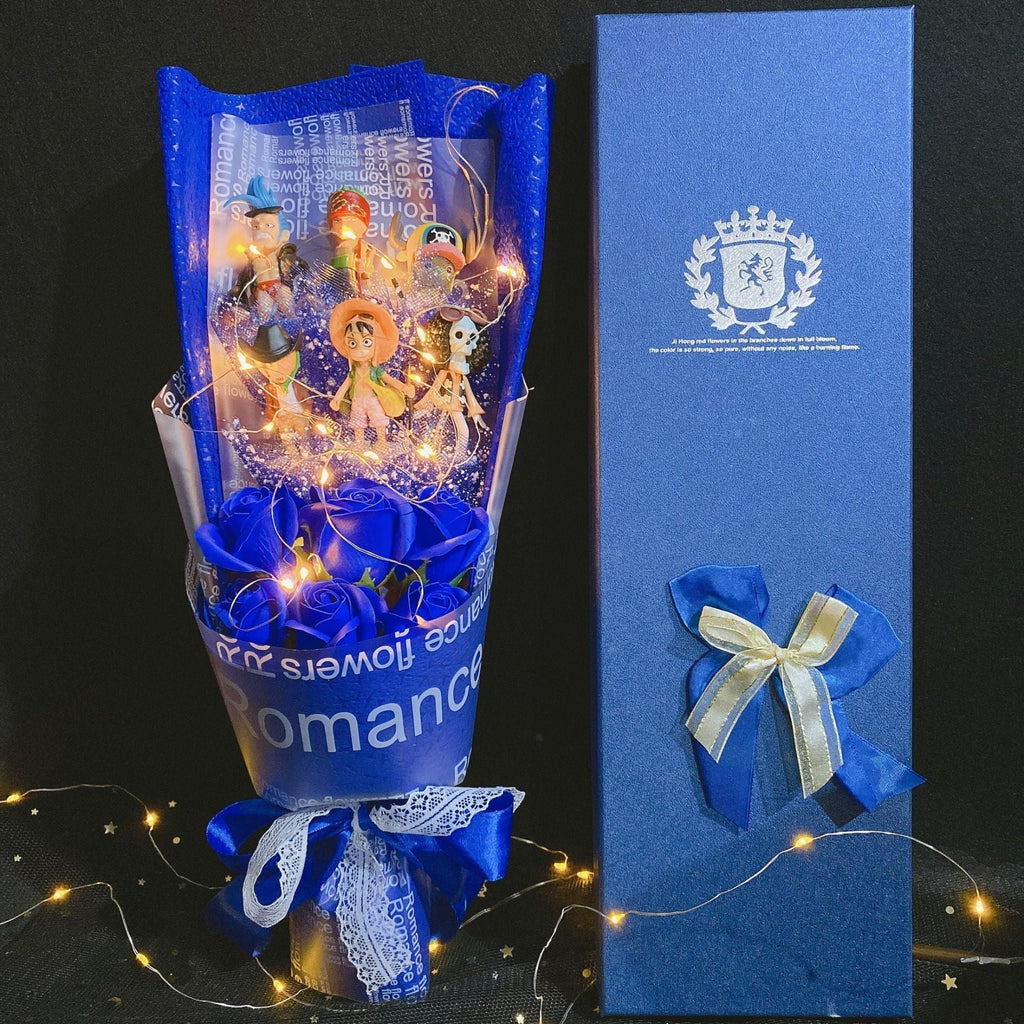 Bouquet de Savons Roses Faits à la Main Luffy/Zoro avec LED pour Cadeaux Romantiques de la Saint-Valentin