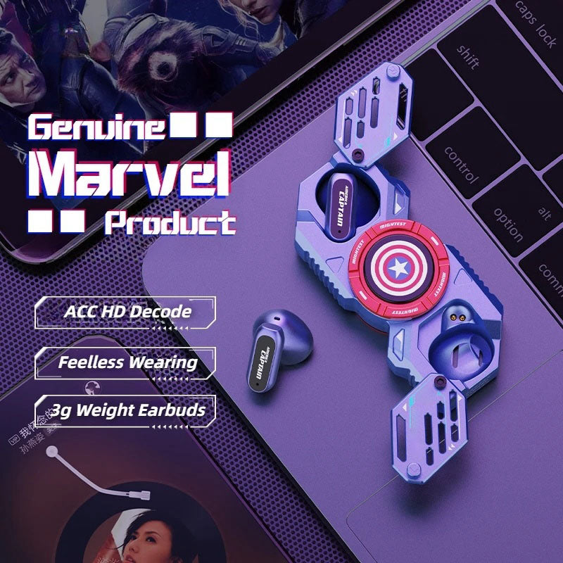 Écouteurs sans fil TWS Bluetooth 5.4 Marvel Iron Man Captain America Fidget Spinner, écouteurs sans fil à rabat magnétique Mecha en alliage de zinc