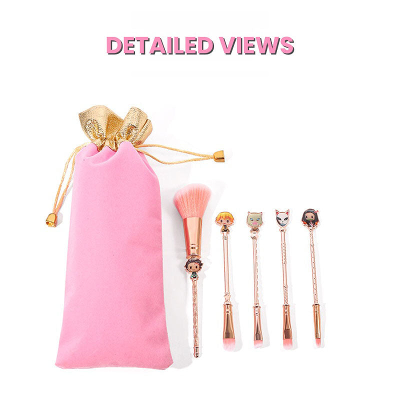 Demon Slayer Tanjiro Nezuko 5 Pcs Trousse de pinceaux de maquillage Anime, brosses cosmétiques or rose avec pochette de rangement