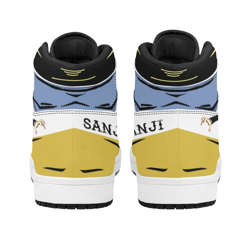 One Piece Sanji Fire Kick Graphic High Top Sports Sneakers, Yellow Blue Color Block Anime Character Streetwear Leather Shoes