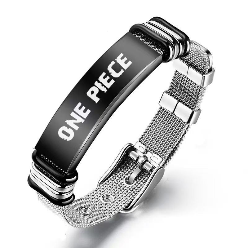 Bracelet en maille d'acier inoxydable avec poster de recherche gravé One Piece Monkey D. Luffy Roronoa Zoro, réglable, cadeau bijoux anime