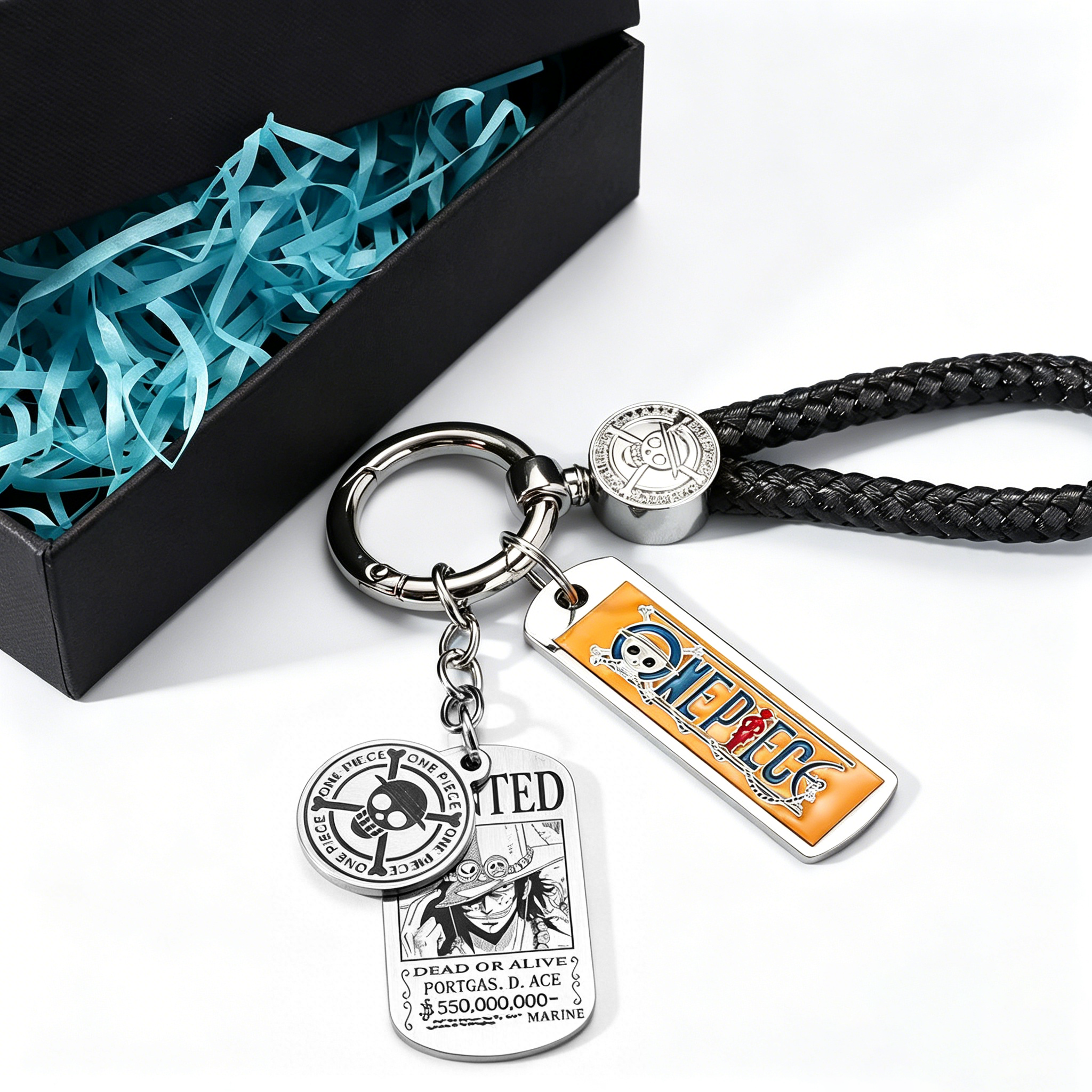 One Piece Anime Keychain Set - Braided Leather Wanted Poster Pendant Keychain