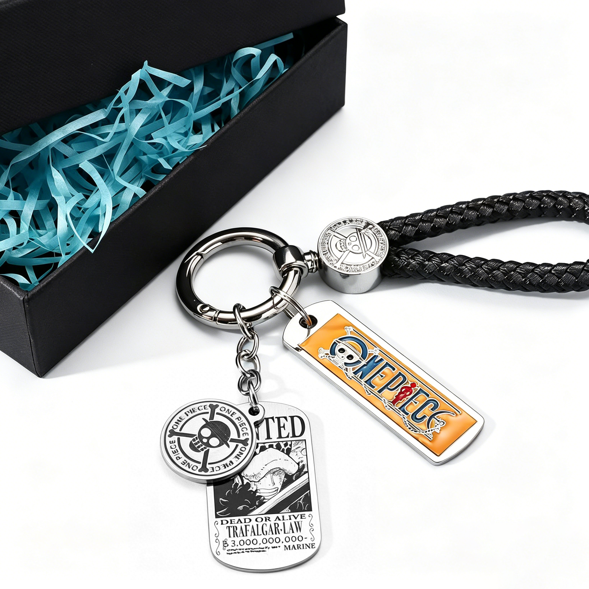 One Piece Anime Keychain Set - Braided Leather Wanted Poster Pendant Keychain