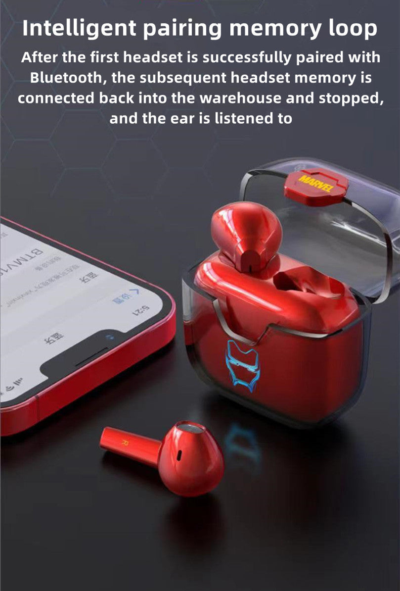 Marvel Iron Man Black Panther Wireless Earbuds, Marvel TWS Bluetooth 5.1 Headphones with LED Light