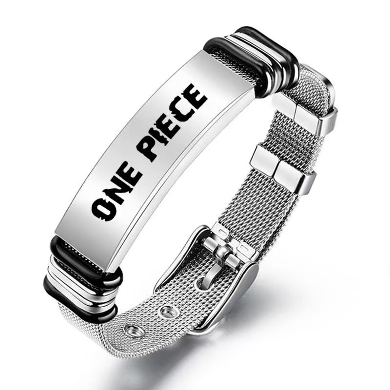 Bracelet en maille d'acier inoxydable avec poster de recherche gravé One Piece Monkey D. Luffy Roronoa Zoro, réglable, cadeau bijoux anime