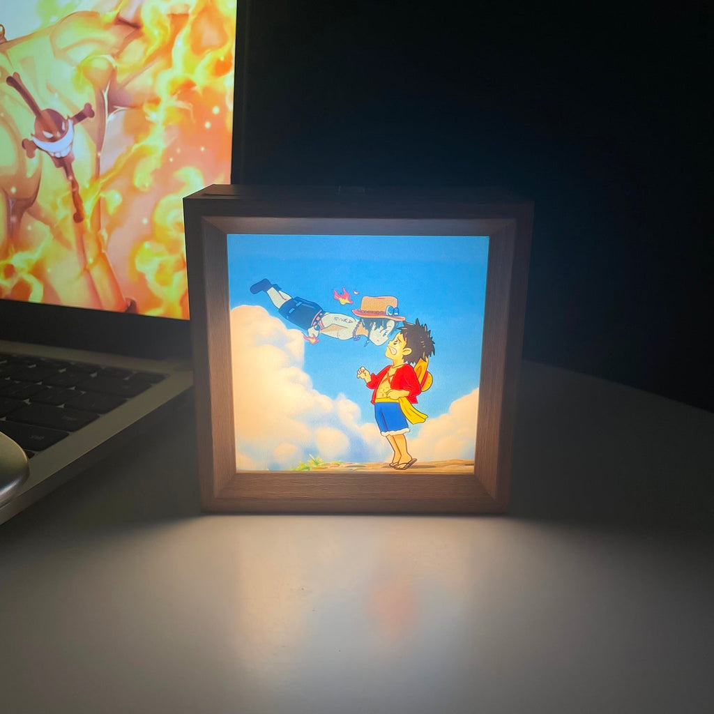 Tableau décoratif lumineux en bois massif Luffy/Ace, petite veilleuse, cadre photo, tableau décoratif.