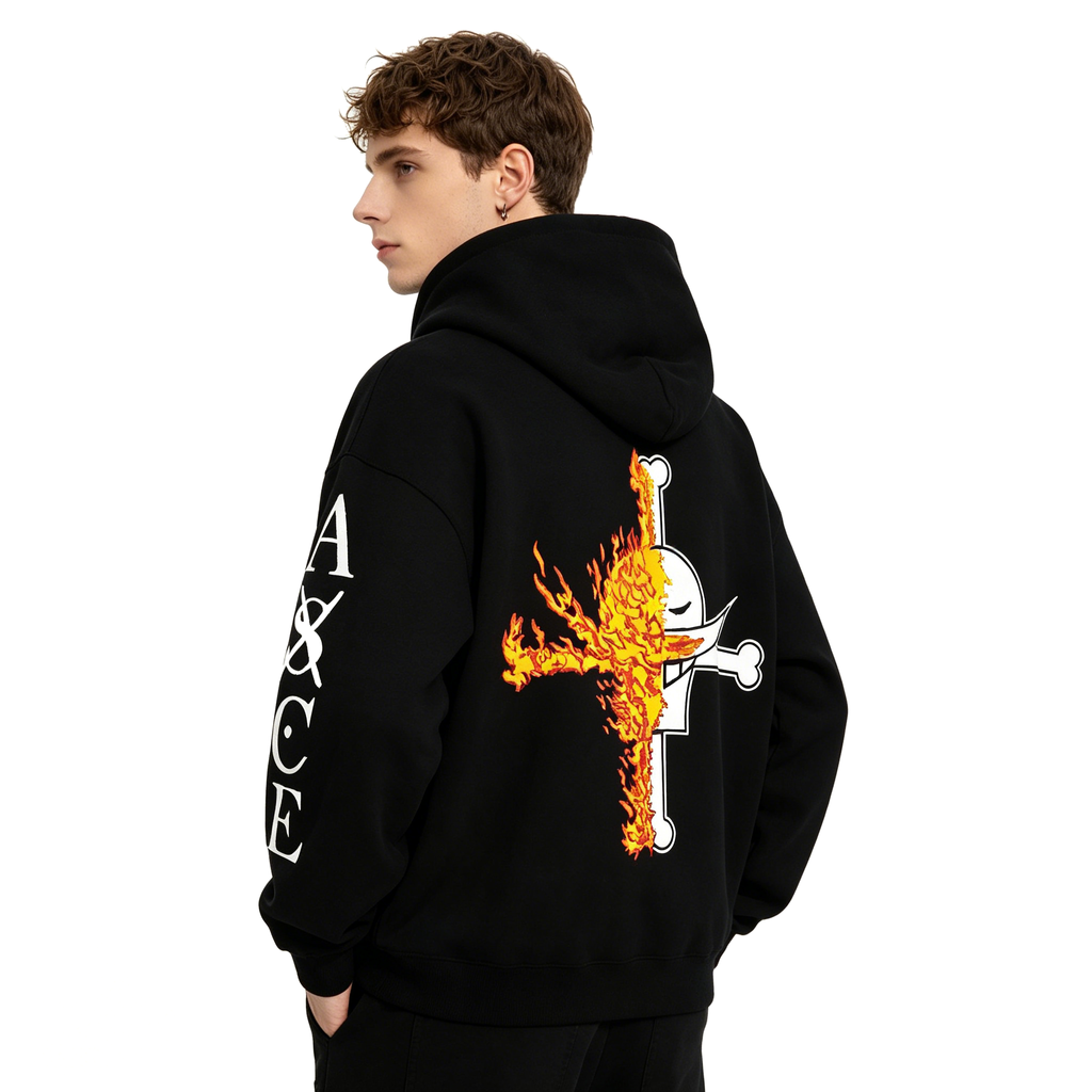 One Piece  Portgas D. Ace Embroidered Fleece Hoodie Warm Oversized Sweatshirt with Kangaroo Pocket