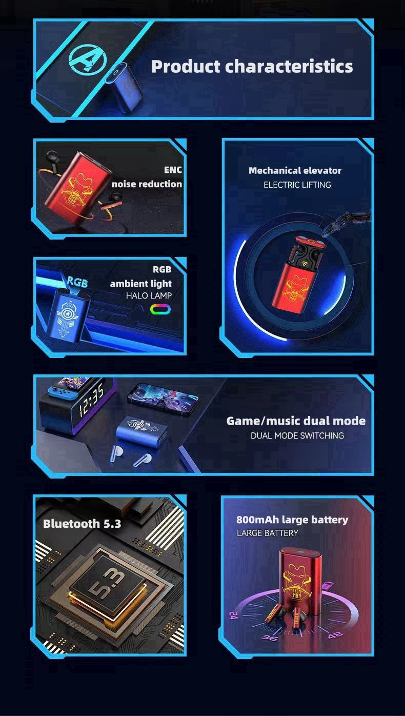 Marvel Iron Man Captain America Wireless Earbuds, Avengers Mechanical Elevator Bluetooth 5.3 Gaming Headphones