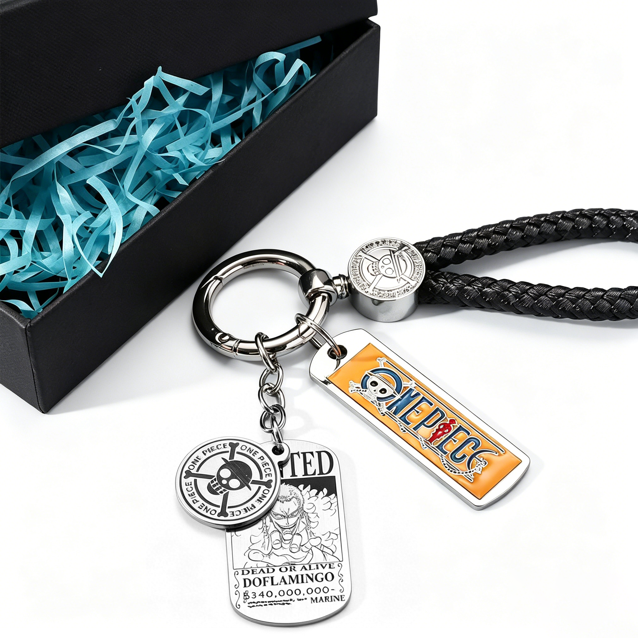 One Piece Anime Keychain Set - Braided Leather Wanted Poster Pendant Keychain