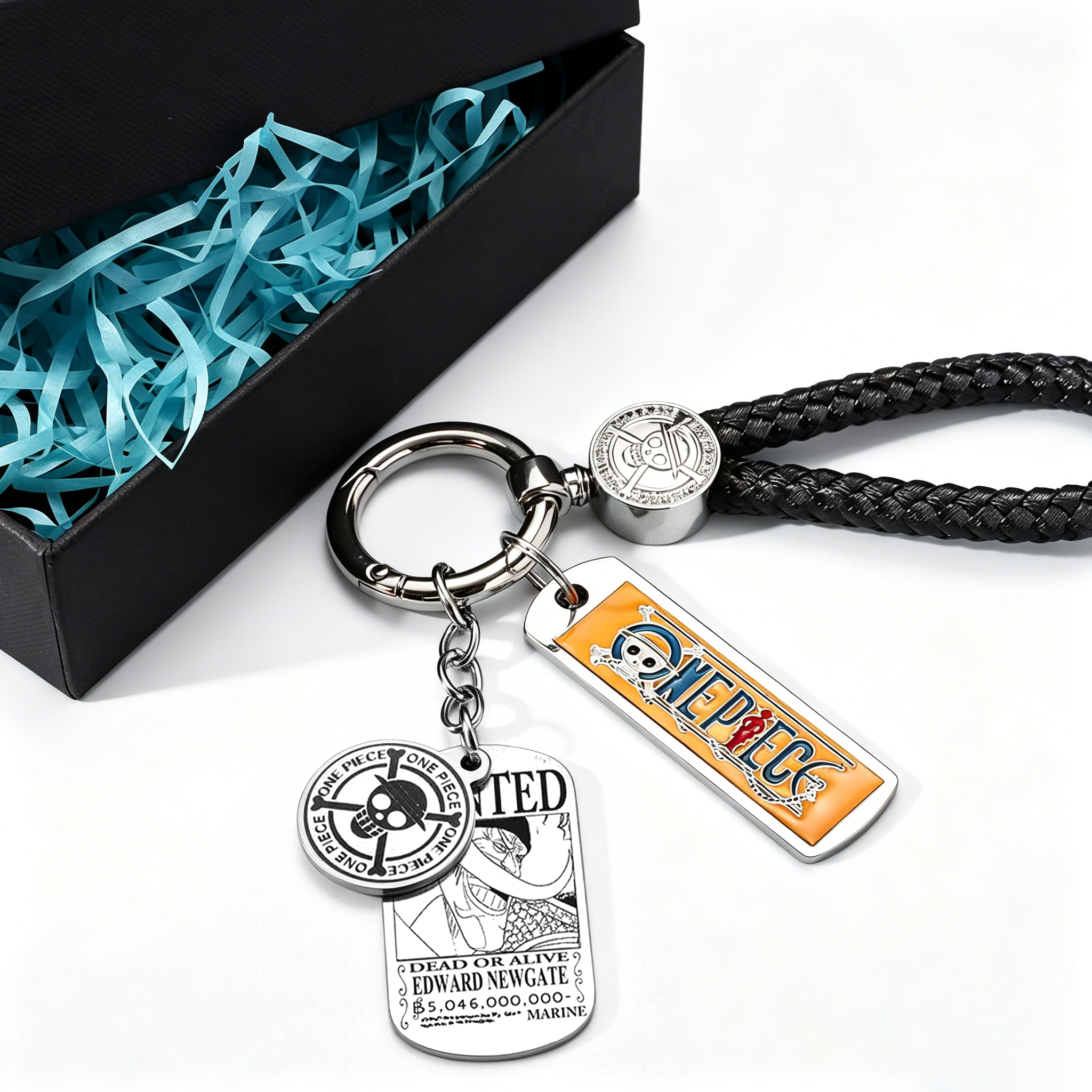 One Piece Anime Keychain Set - Braided Leather Wanted Poster Pendant Keychain