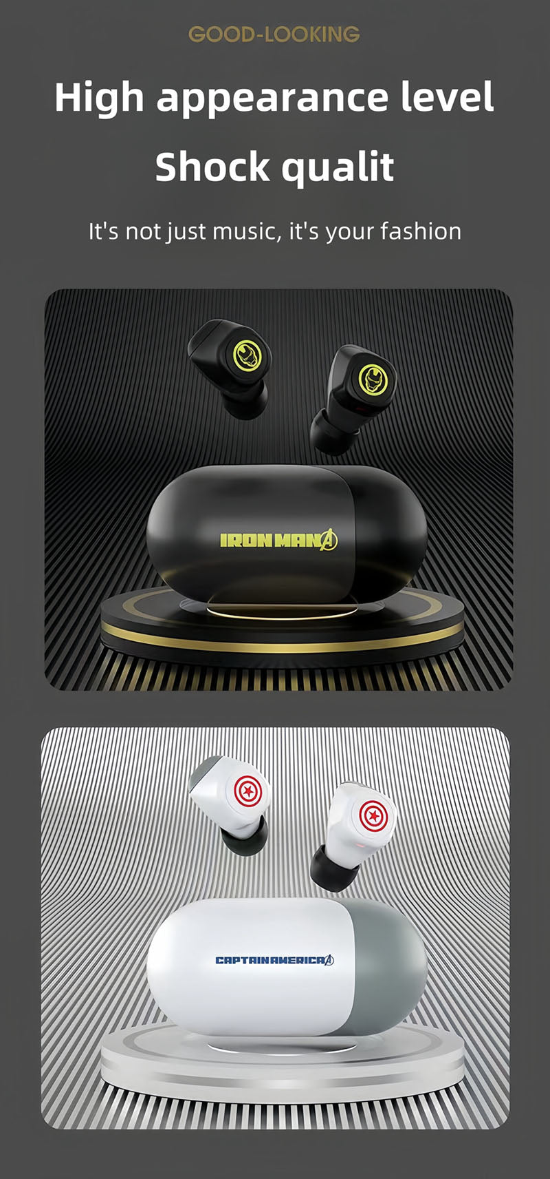 Marvel Iron Man Captain America TWS Earbuds, Avengers Bluetooth 5.3 Wireless Gaming Headphones