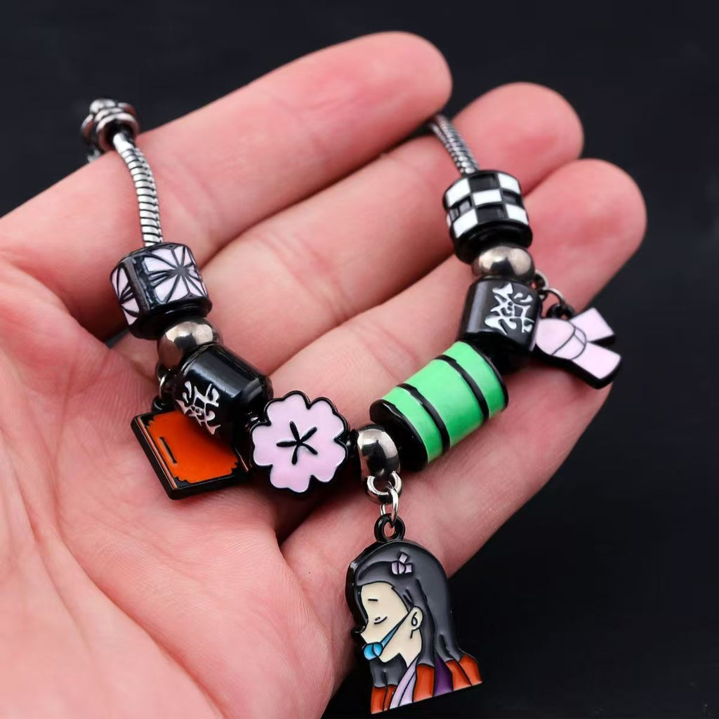 Demon Slayer Kamado Tanjiro Beaded Charm Bracelet, Adjustable Anime Chain
