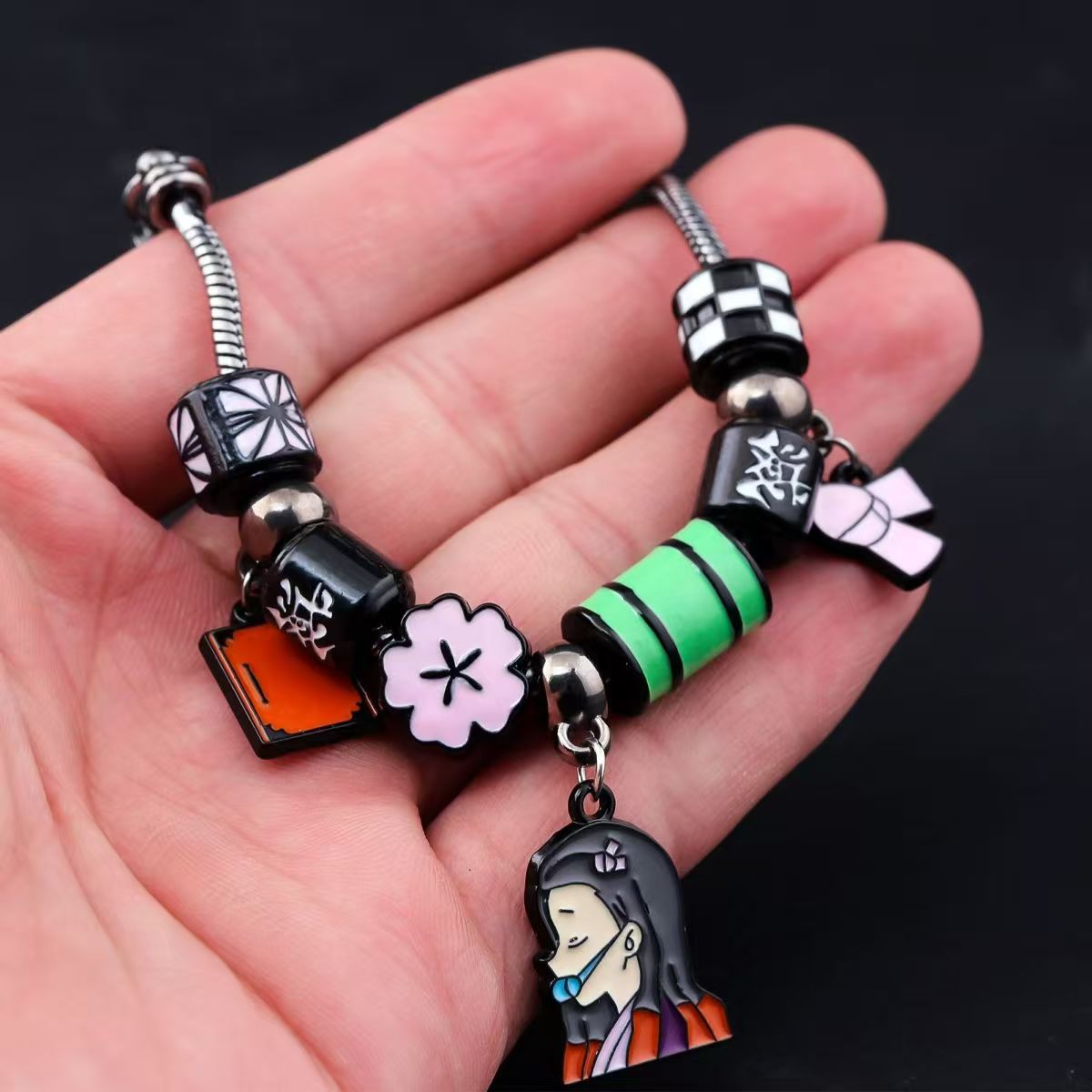 Demon Slayer Kamado Tanjiro Beaded Charm Bracelet, Adjustable Anime Chain