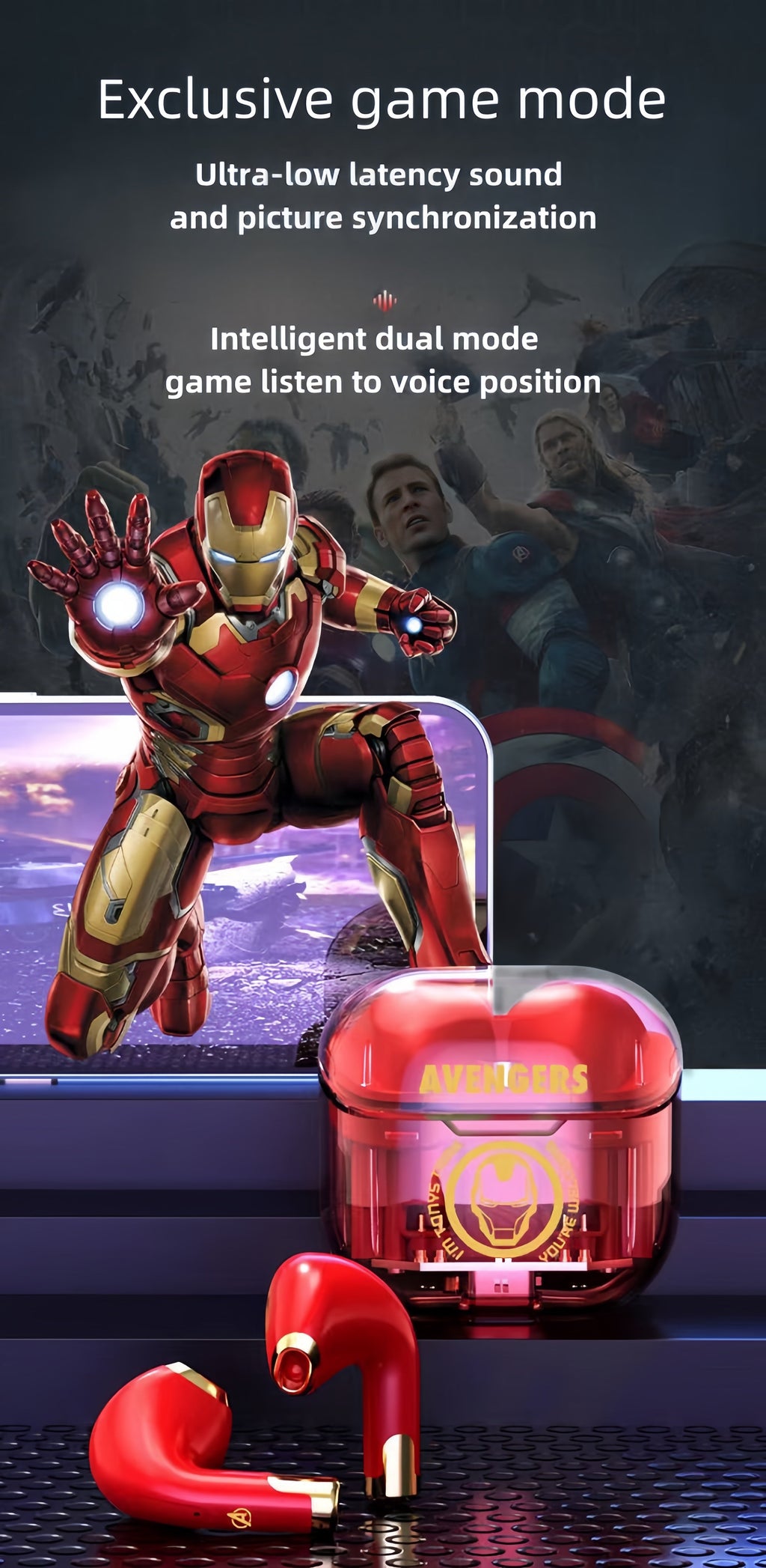 Marvel Iron Man Captain America TWS Wireless Gaming Earbuds, Transparent Case Bluetooth 5.3 Low Latency Headphones
