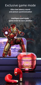 Marvel Iron Man Captain America TWS Wireless Gaming Earbuds, Transparent Case Bluetooth 5.3 Low Latency Headphones