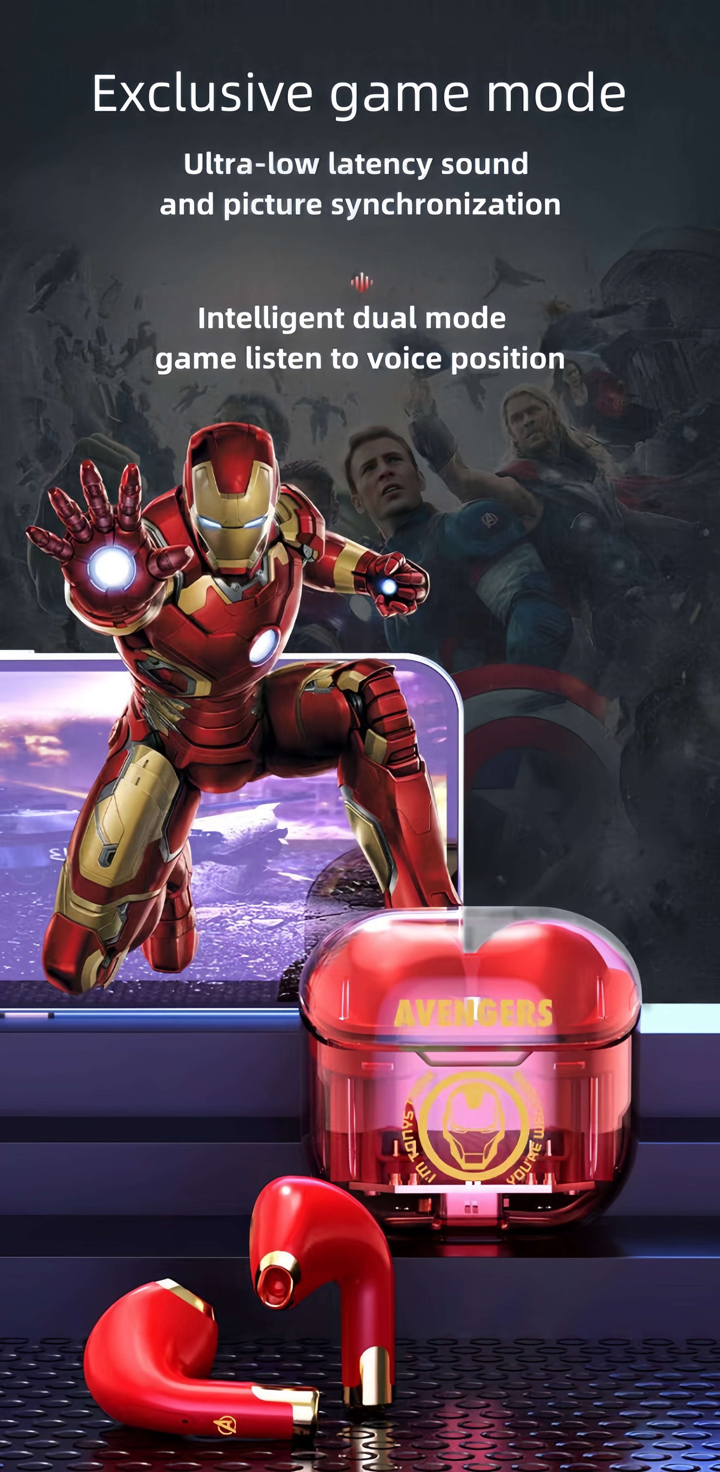 Marvel Iron Man Captain America TWS Wireless Gaming Earbuds, Transparent Case Bluetooth 5.3 Low Latency Headphones