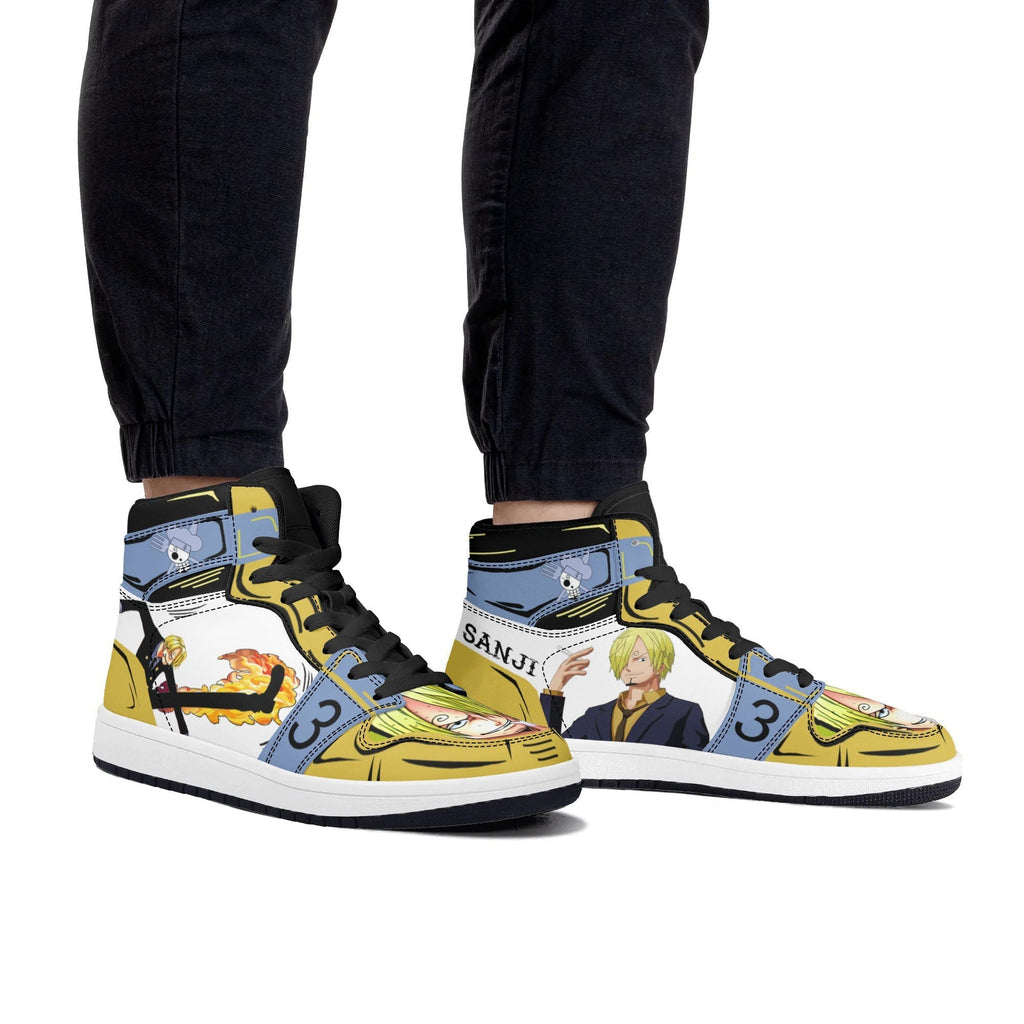 One Piece Sanji Fire Kick Graphic High Top Sports Sneakers, Yellow Blue Color Block Anime Character Streetwear Leather Shoes