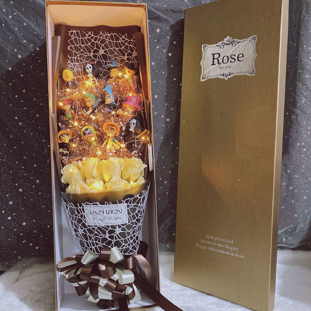 Bouquet de Savons Roses Faits à la Main Luffy/Zoro avec LED pour Cadeaux Romantiques de la Saint-Valentin
