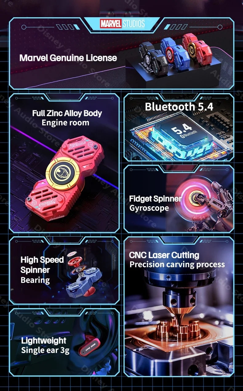 Écouteurs sans fil TWS Bluetooth 5.4 Marvel Iron Man Captain America Fidget Spinner, écouteurs sans fil à rabat magnétique Mecha en alliage de zinc