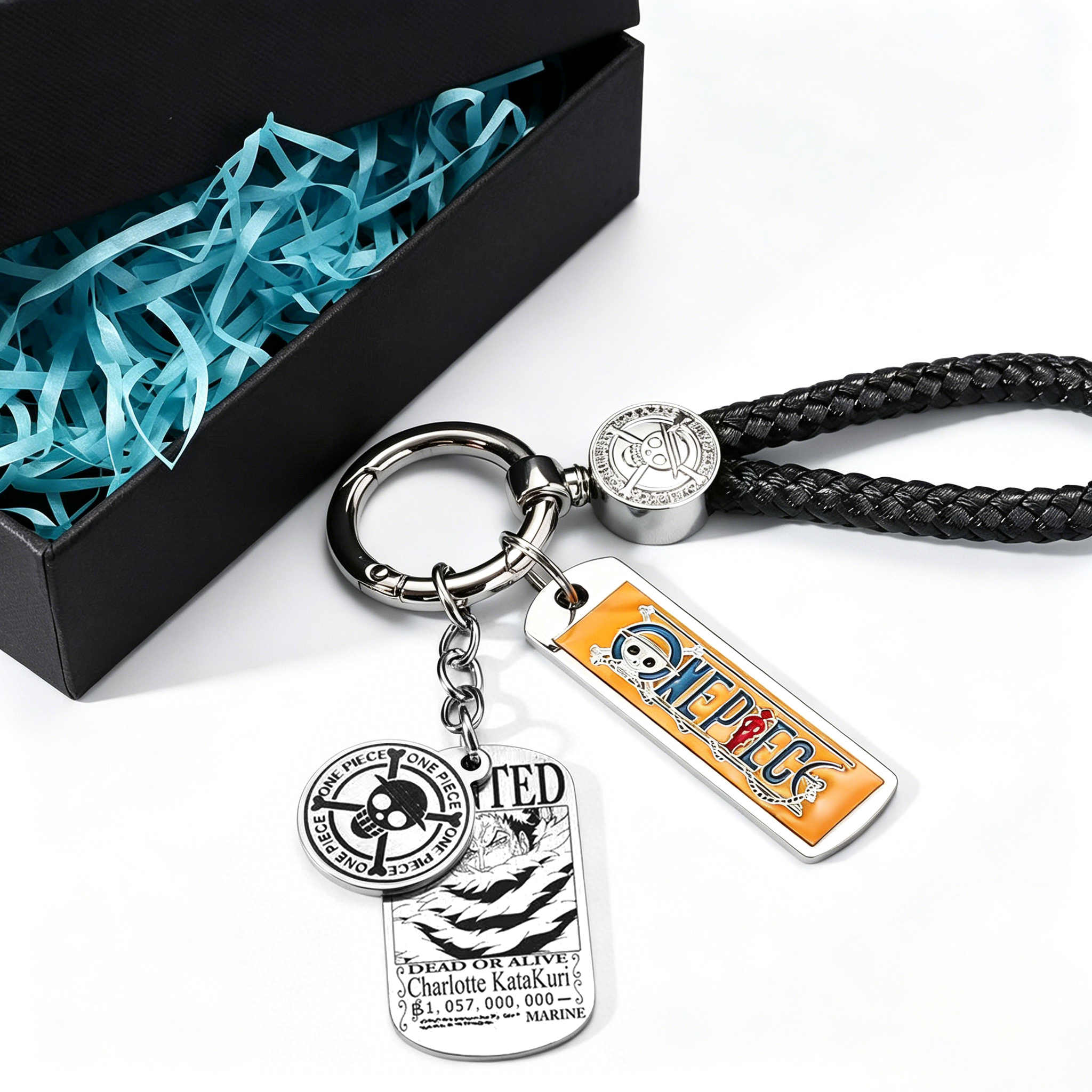 One Piece Anime Keychain Set - Braided Leather Wanted Poster Pendant Keychain