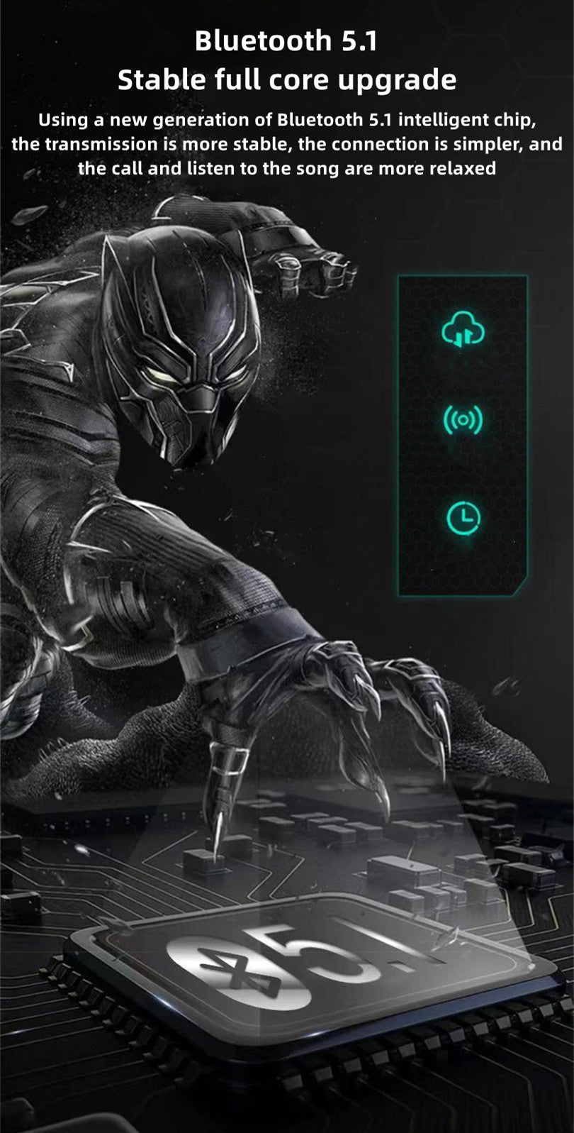 Marvel Iron Man Black Panther Wireless Earbuds, Marvel TWS Bluetooth 5.1 Headphones with LED Light