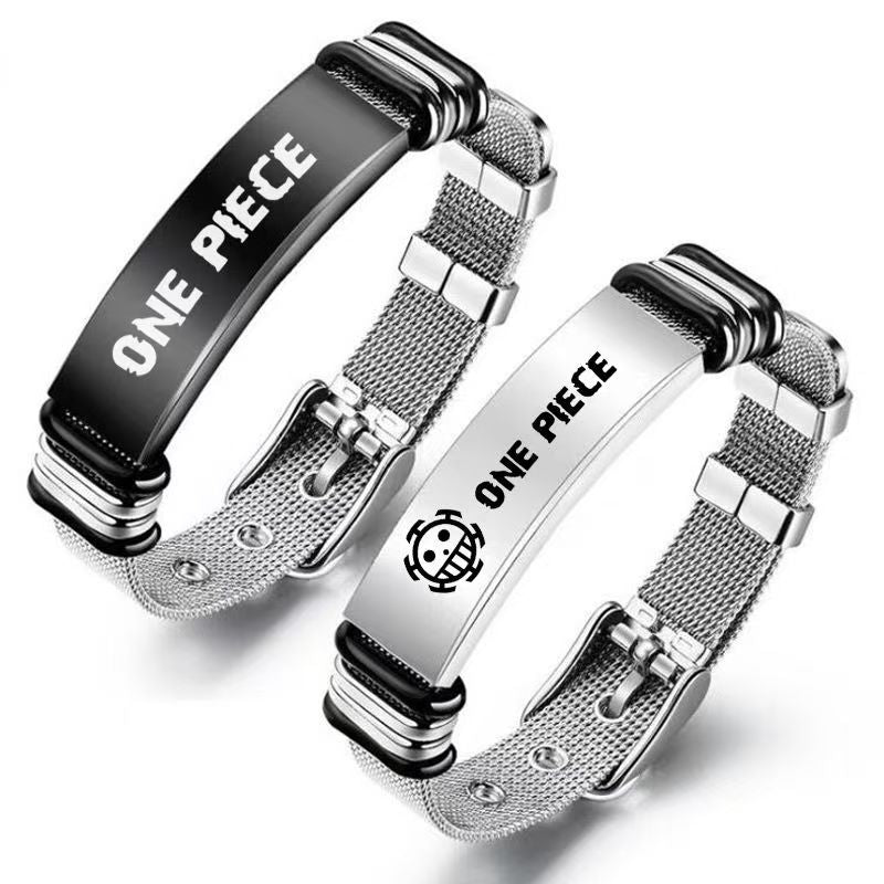 Bracelet en maille d'acier inoxydable avec poster de recherche gravé One Piece Monkey D. Luffy Roronoa Zoro, réglable, cadeau bijoux anime