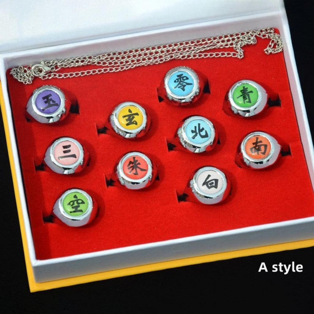Naruto Itachi Pain Akatsuki Ring Set, 10Pcs Anime Akatsuki Symbol Rings with Necklace Gift Box