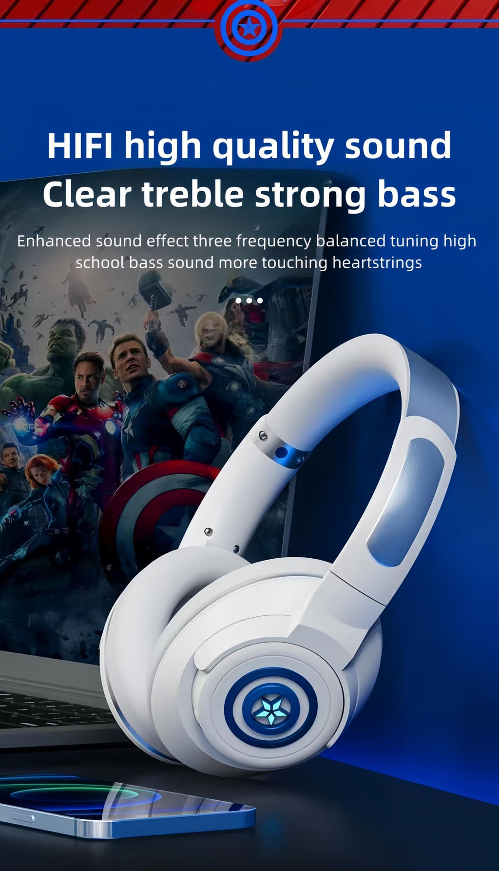 Marvel Iron Man Captain America Over‑Ear Bluetooth Gaming Headphones, Low Latency Headset with Detachable Mic