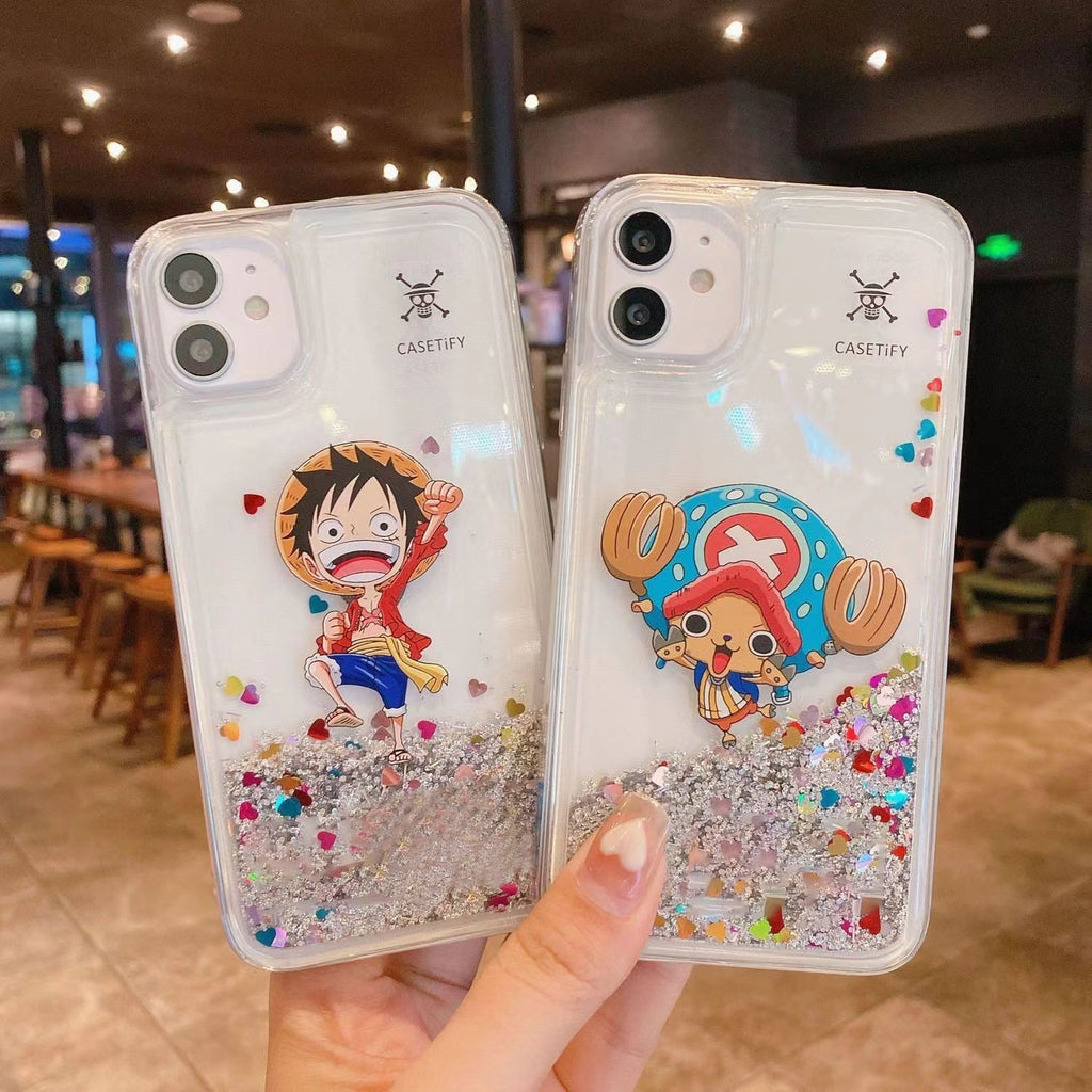 Coque iPhone Luffy/Chopper à paillettes liquide avec protection antichoc