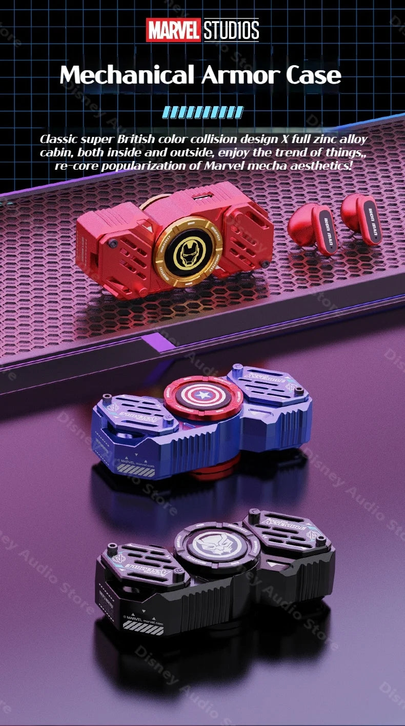 Écouteurs sans fil TWS Bluetooth 5.4 Marvel Iron Man Captain America Fidget Spinner, écouteurs sans fil à rabat magnétique Mecha en alliage de zinc