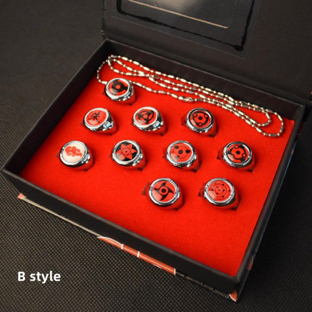 Naruto Itachi Pain Akatsuki Ring Set, 10Pcs Anime Akatsuki Symbol Rings with Necklace Gift Box