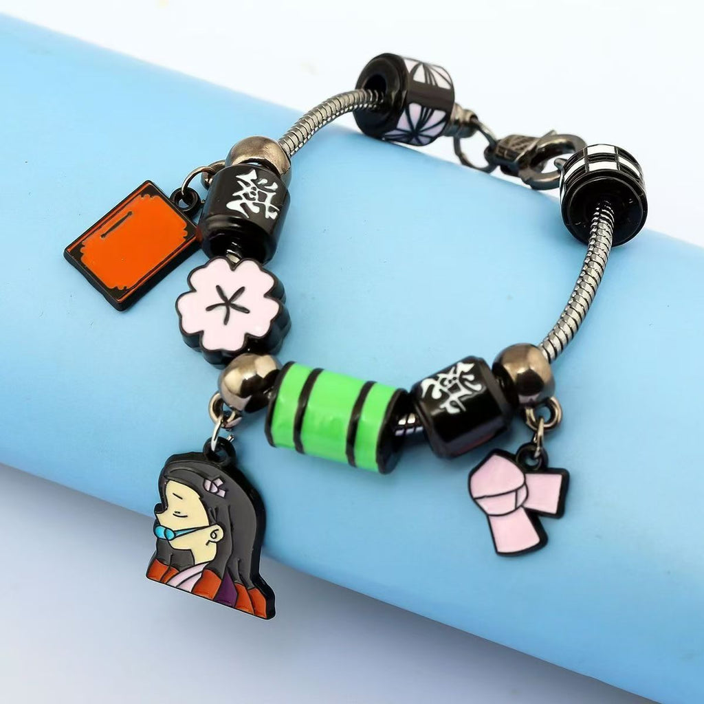 Demon Slayer Kamado Tanjiro Beaded Charm Bracelet, Adjustable Anime Chain
