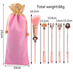 Demon Slayer Tanjiro Nezuko 5 Pcs Trousse de pinceaux de maquillage Anime, brosses cosmétiques or rose avec pochette de rangement