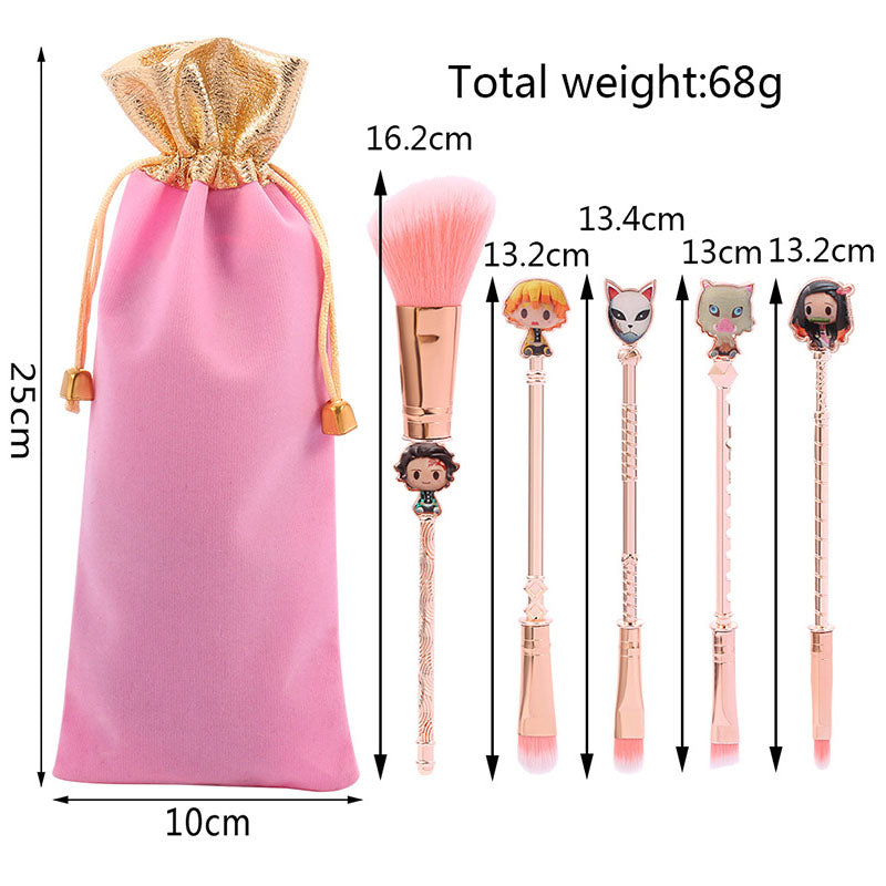 Demon Slayer Tanjiro Nezuko 5 Pcs Trousse de pinceaux de maquillage Anime, brosses cosmétiques or rose avec pochette de rangement