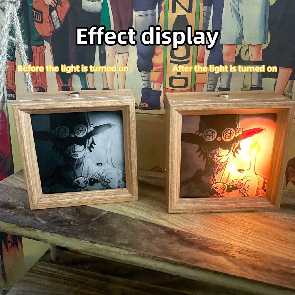 Tableau décoratif lumineux en bois massif Luffy/Ace, petite veilleuse, cadre photo, tableau décoratif.