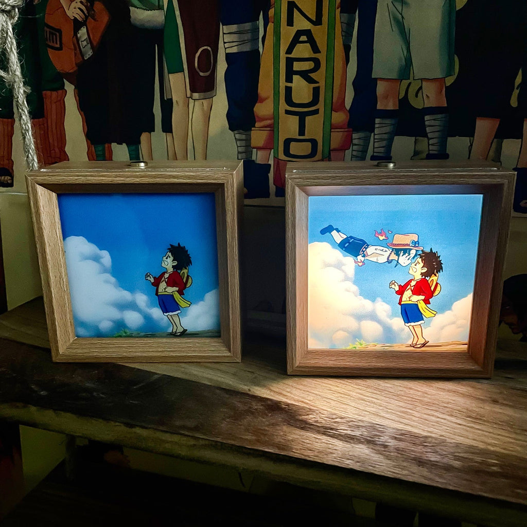 Tableau décoratif lumineux en bois massif Luffy/Ace, petite veilleuse, cadre photo, tableau décoratif.