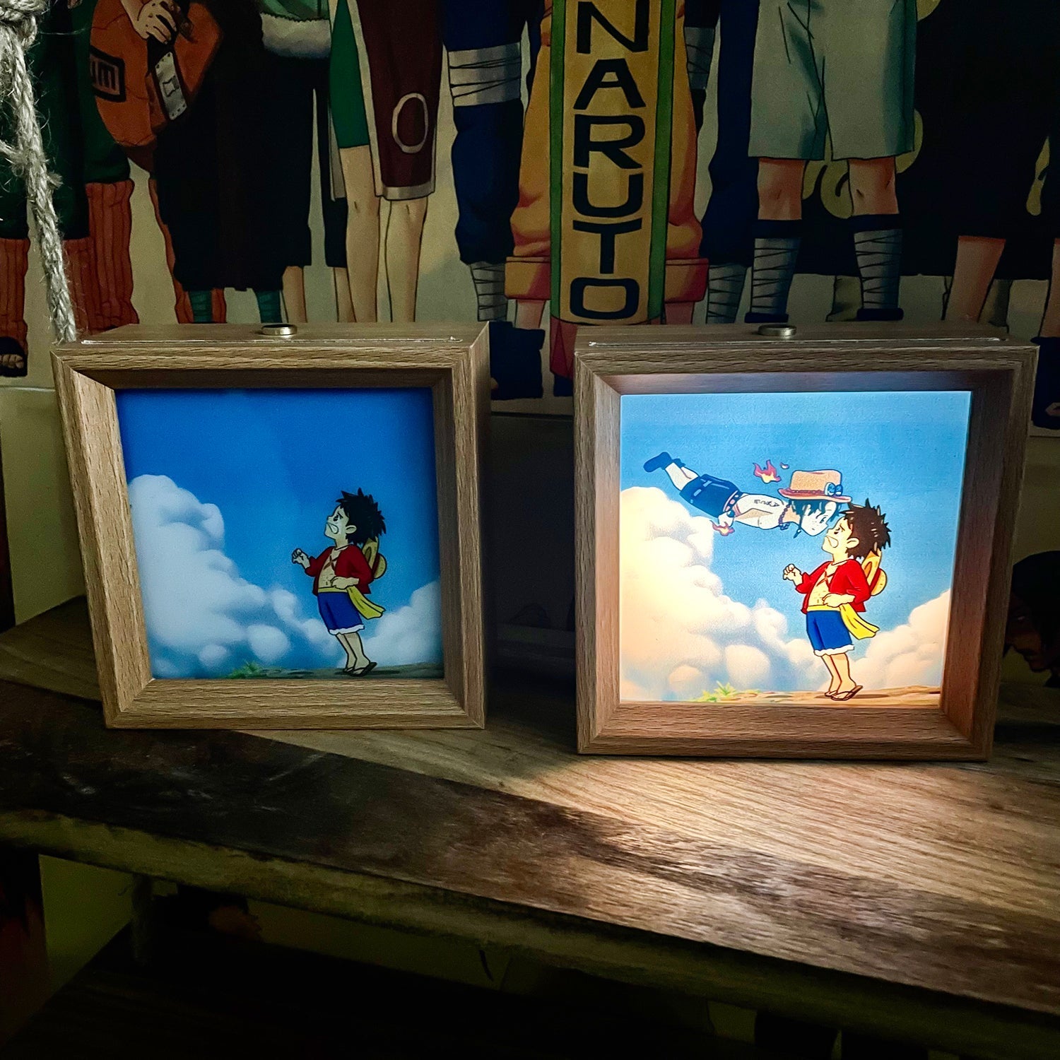 Tableau décoratif lumineux en bois massif Luffy/Ace, petite veilleuse, cadre photo, tableau décoratif.